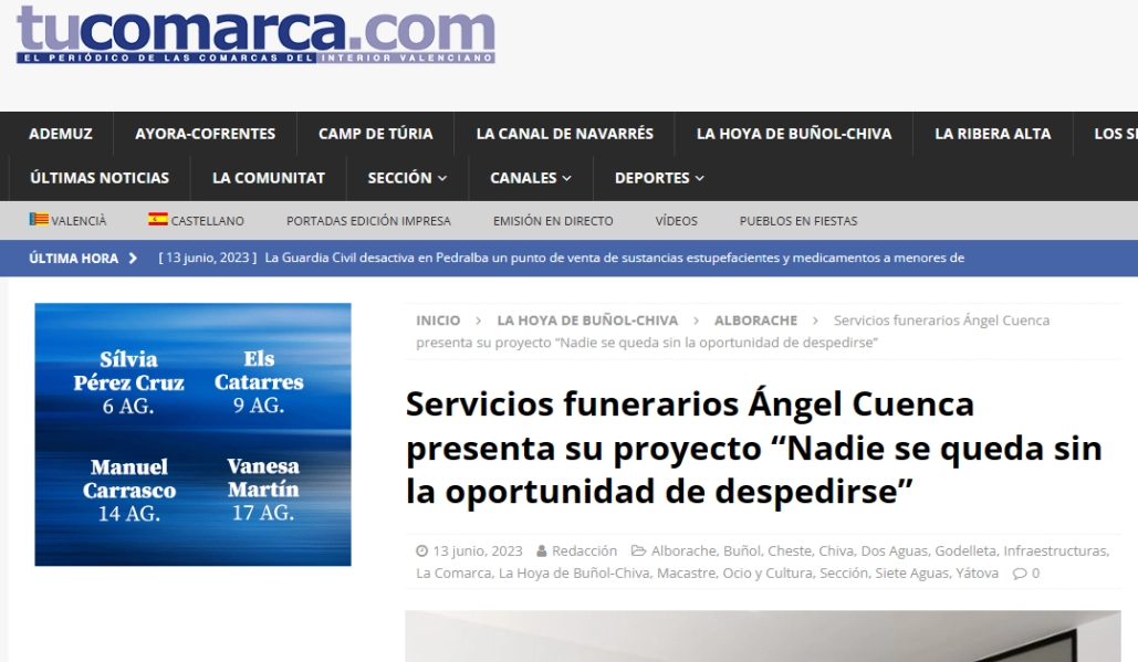 tucomarca.com- Servicios funerarios Ángel Cuenca presenta su proyecto “Nadie se queda sin la oportunidad de despedirse” tucomarca.com- Servicios funerarios Ángel Cuenca presenta su proyecto “Nadie se queda sin la oportunidad de despedirse”